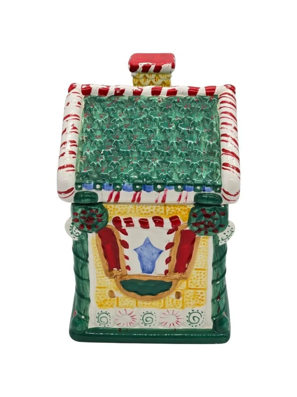 Hand Painted Gingerbread House Cookie Jar Christmas Candy Cane Ceramic Holiday